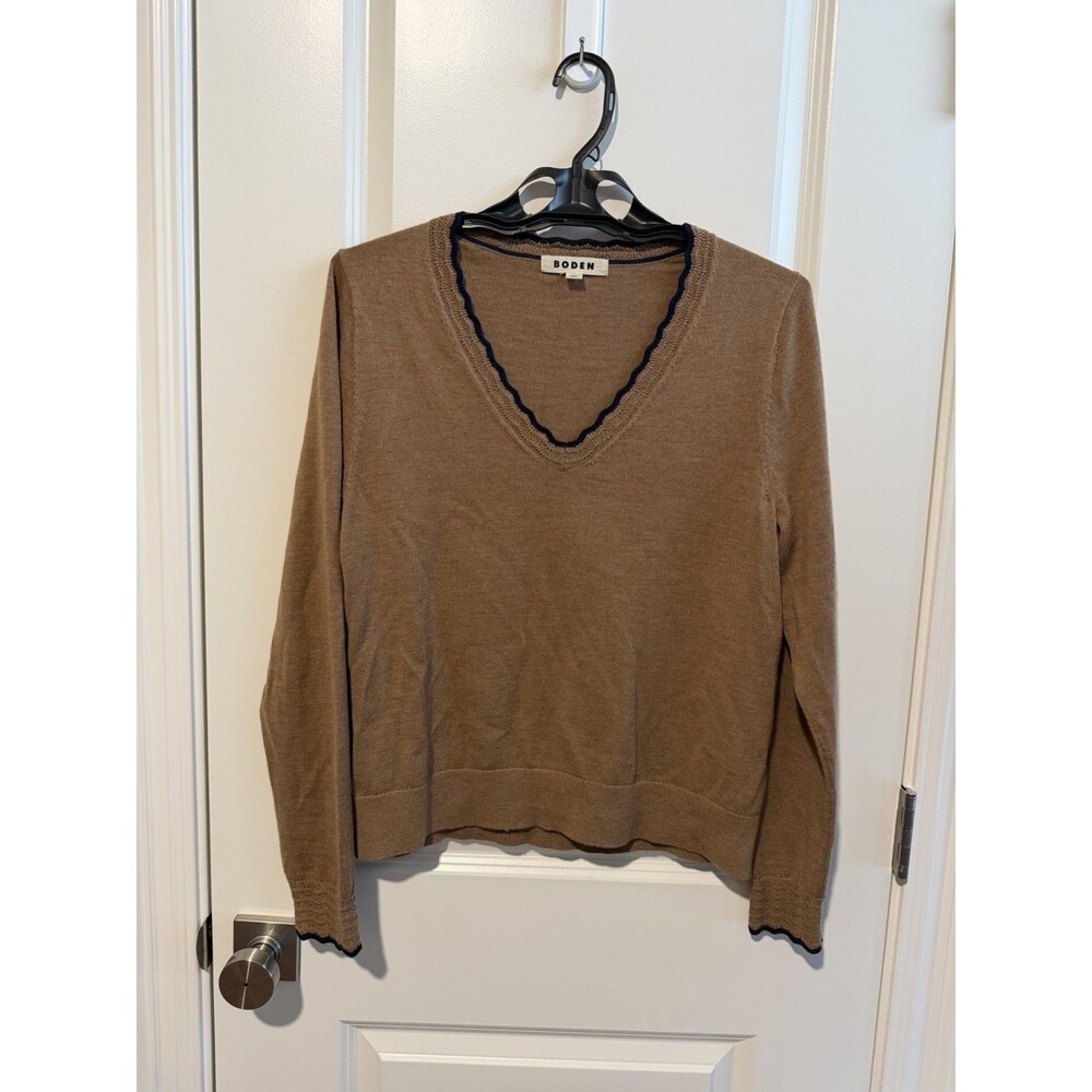Boden Merino Scallop V-Neck Sweater Women’s L Brown Navy 100% Wool K0895